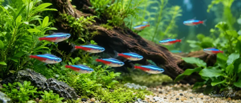 Прозрачная вода в ухоженном аквариуме со стайкой неонов